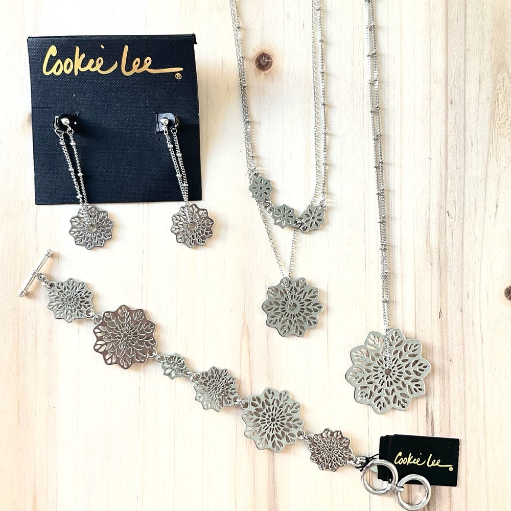 Cookie Lee flower dangle earrings, 2 long necklaces, bracelet set silver